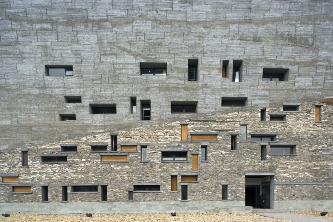 Detail of reused rubble in the facade of the Ningbo History Museum by architect Wang Shu