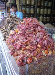 Bins of spices, including mace, at an Ernakulam spice shop, Kerala, south India