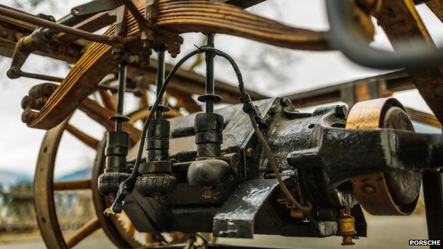 The first Porsche featured a rear-mounted electrical engine which could reach speeds of 21 miles per hour