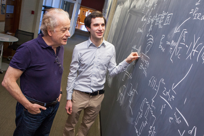 Harvard physicists Federico Capasso (left), Steven J. Byrnes (right), and Romain Blanchard propose a new way to harvest renewable energy. (Photo by Eliza Grinnell, SEAS Communications.)