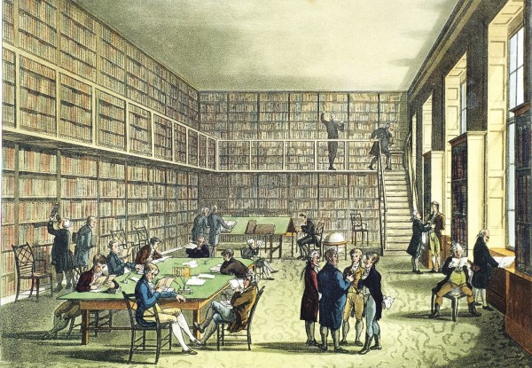 Image by Corbis Images.  Thomas Rowlandson’s view of the library of the Royal Institution in London, circa 1810