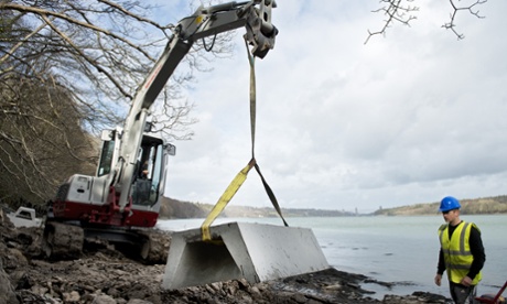 Work underway on the installation of the marine pump at Plas Newydd. Photograph: National Trust