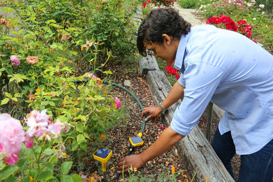 Jim Wilson/The New York Times. Jason Aramburu examining a sensor he developed that monitors the condition of soil in gardens.