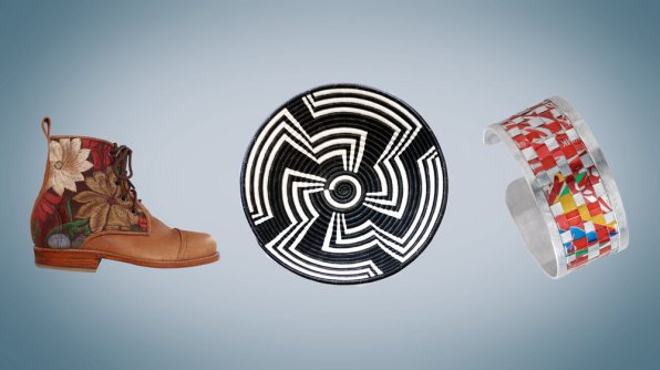 Each item, including boots from Guatemala, a basket from Rwanda and a soda can cuff from Kenya, are handmade. And when people buy these gifts, the profits go back to the artisans and their community. Courtesy of Teysha; Indego Africa; Serrv