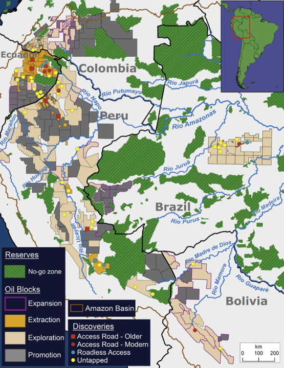 Map features the current state of all hydrocarbon blocks and known discoveries. For discoveries, symbols indicate access type (and era for access roads). Photograph: Environmental Research Letters