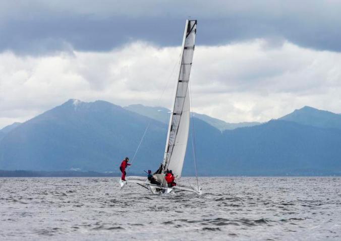 Team Elsie Piddock sails up Nichols Passage south of Ketchikan on the way to winning the Race to Alaska. TAYLOR BALKOM / KETCHIKAN DAILY NEWS