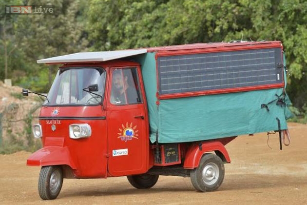 Tejas is a renovated Piaggio Ape  with a 13-kilo-watt prototype engine, lithium-ion batteries and six solar panels. PHOTO: IBN 