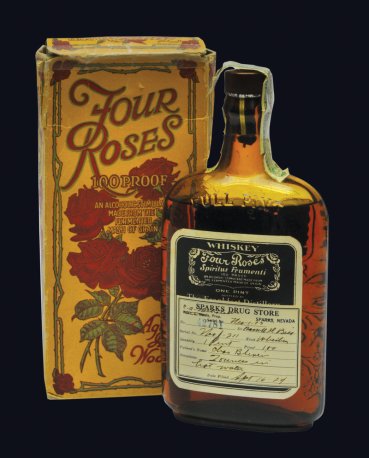 During Prohibition, whiskey could legally be sold as medicine. This particular bottle of Four Roses bourbon was prescribed to a patient in Sparks, Nev., in 1924. The label tells patients to mix 2 ounces of whiskey with hot water. PHOTO: Ten Speed Press/Four Roses