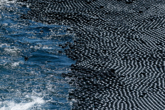 A small portion of the 90 million black plastic balls added to the Los Angeles Reservoir on August 12, 2015. Image credit: AP/Damian Dovarganes