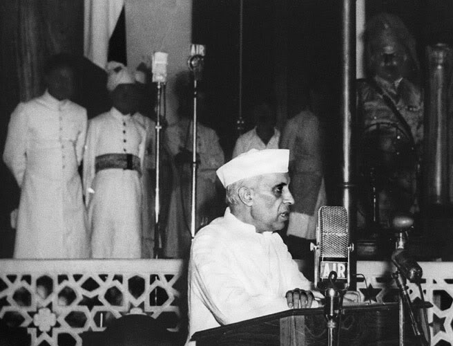A photo dated 15 August 1947 shows Jawaharlal Nehru, India's first Prime Minister, delivering his Famous 