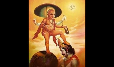 Vamana, an avatar of Lord Vishnu, places his feet on King Mahabali. 