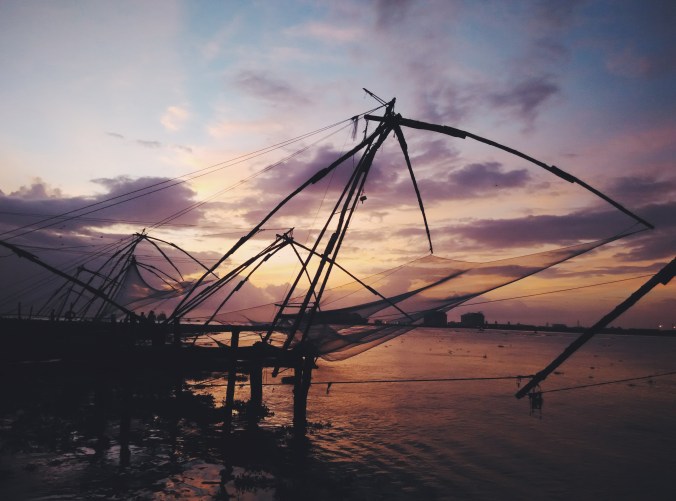 Golden hour at the line of fishing nets along Fort Kochi beach, Kerala, India. PHOTO: Rosanna