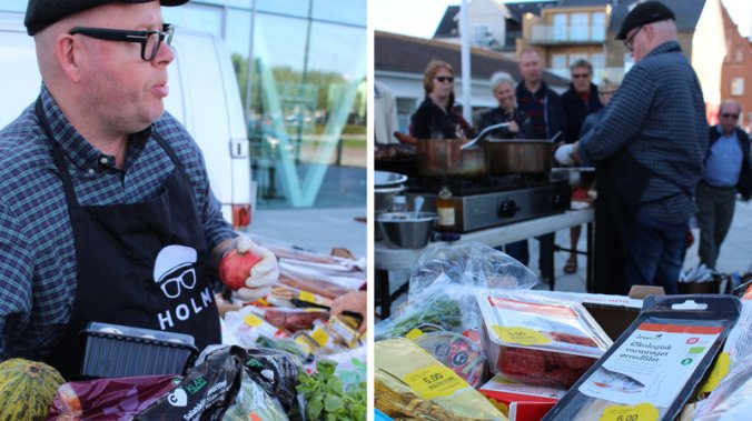 Claus Holm, a Danish celebrity chef, demonstrates at a festival on the Danish island of Fyn how expired products lurking at the back of the fridge can still be delicious. PHOTO: Sidsel Overgaard for NPR
