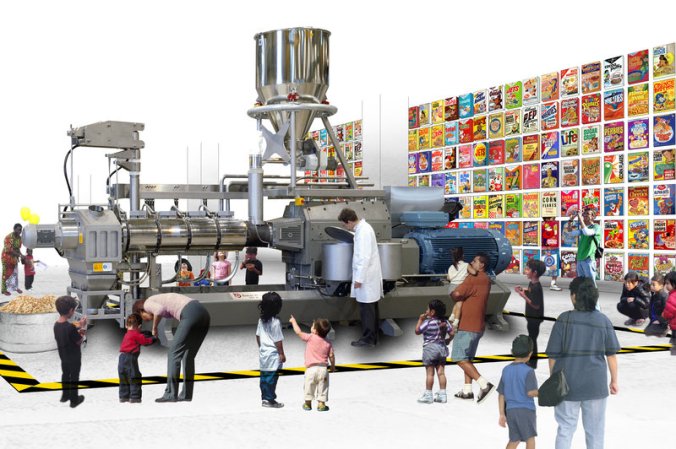 The Food and Drink Museum will open in its first permanent home – a mini-museum in Brooklyn — in October.  Above, an artist's rendering shows one potential exhibit – on ready-to-eat cereal — in MOFAD's final space. In the foreground is an extruder, a giant machine used to cook and shape cereal.