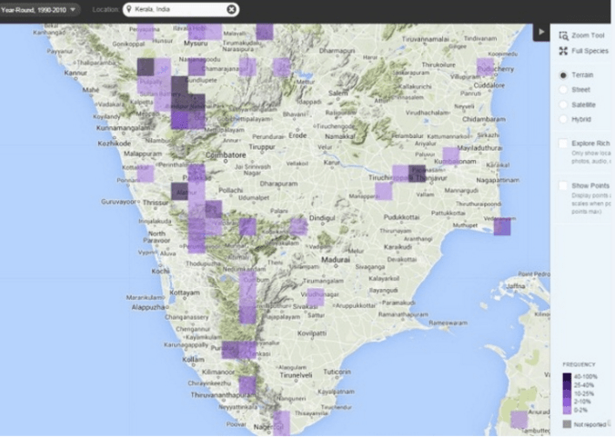 Map showing peafowl-sightings between 1990-2010 (Source: Cornell Lab of Ornithology and the National Audubon Society)