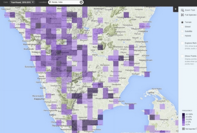 Map showing peafowl-sightings in Kerala between 2010-2015 (Source: Cornell Lab of Ornithology and the National Audubon Society)