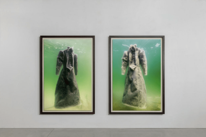 “Salt Crystal Bridal Gown III” (left) and “Salt Crystal Bridal Gown VI,” both 2014. Courtesy of the artist and Marlborough Contemporary
