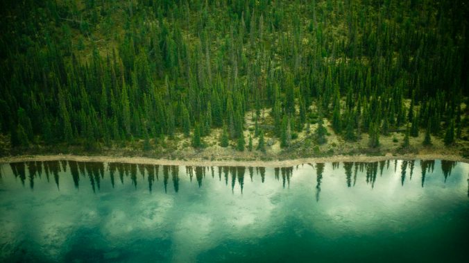 Aerial view of the Thelon River and forest landscape of Canada's far northern Thelon Game Sanctuary. The refuge is the largest and most remote game sanctuary in North America. For the Akaitcho Dene people, the Upper Thelon River is "the place where God