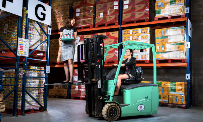 ‘A love for food and a distaste for waste’: Iseult Ward (left) and Aoibheann O’Brien in the FoodCloud warehouse in Dublin. Photograph: Mark Nixon for the Observer